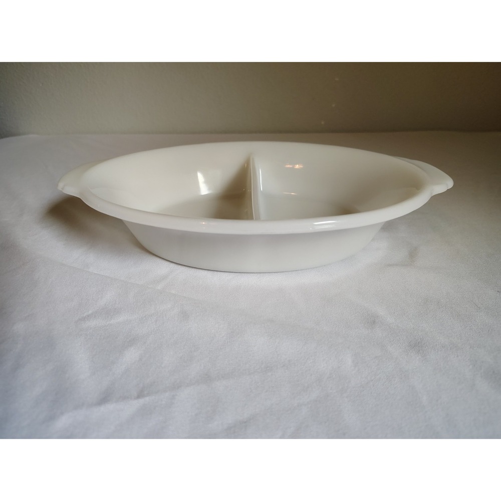 Vintage Retro Kitchen Fire King Divided Casserole Dish Milk Glass White USA MCM